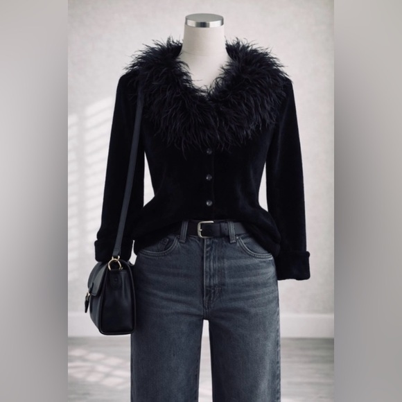 REAL Feather Trim 🪶 Valerie Stevens Black Chenille Luxe Cardigan ✨ - Picture 2 of 6